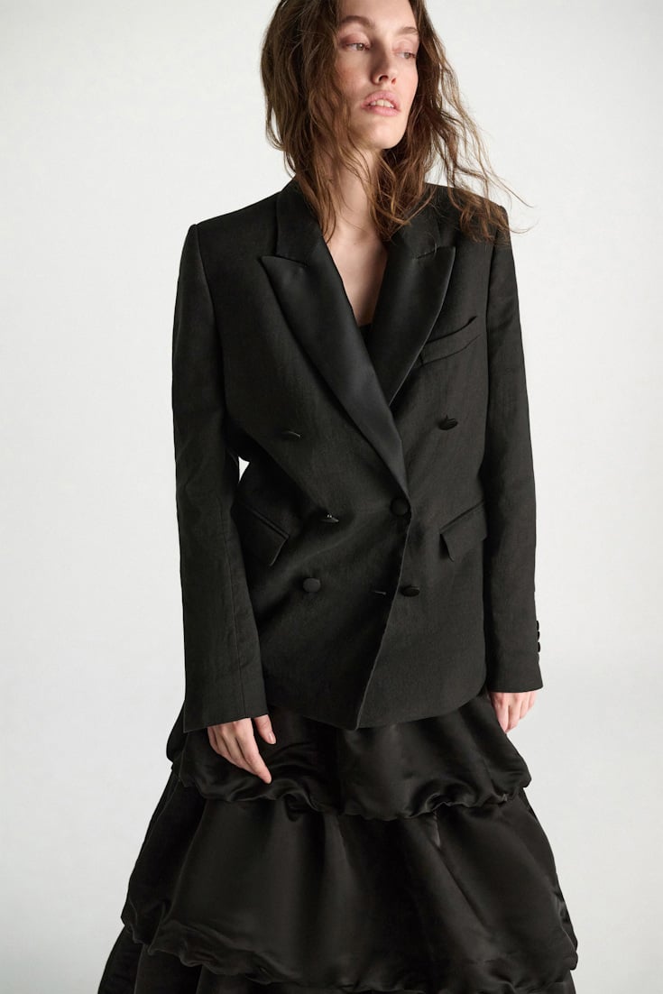 Dorothee Schumacher Double-breasted linen-cotton tuxedo blazer pure black