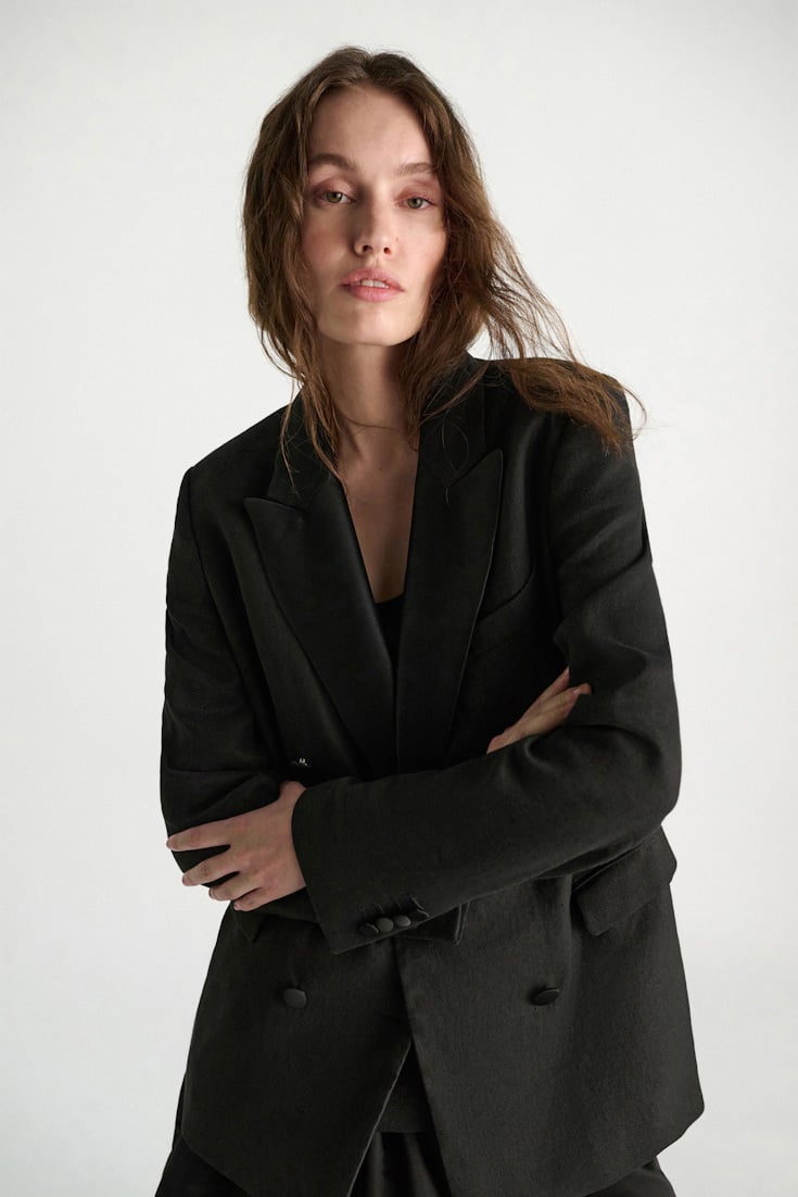 Dorothee Schumacher Double-breasted linen-cotton tuxedo blazer pure black