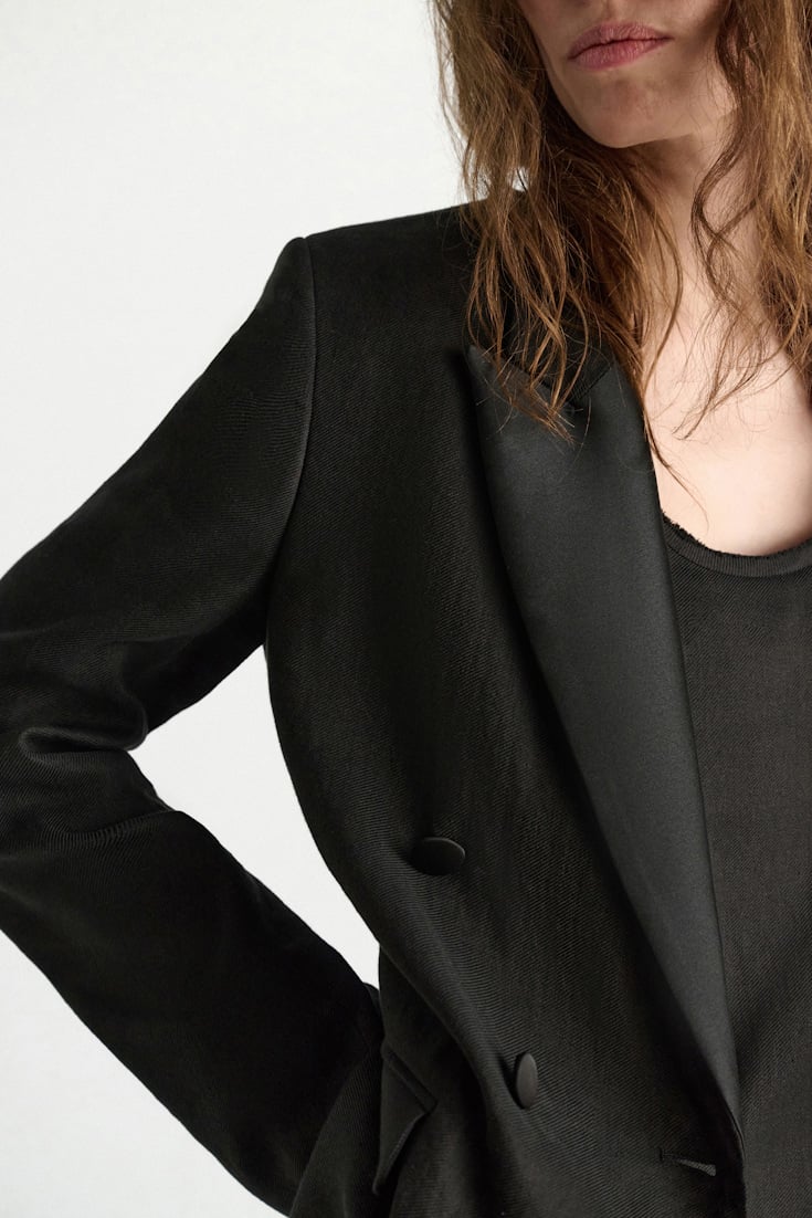 Dorothee Schumacher Double-breasted linen-cotton tuxedo blazer pure black