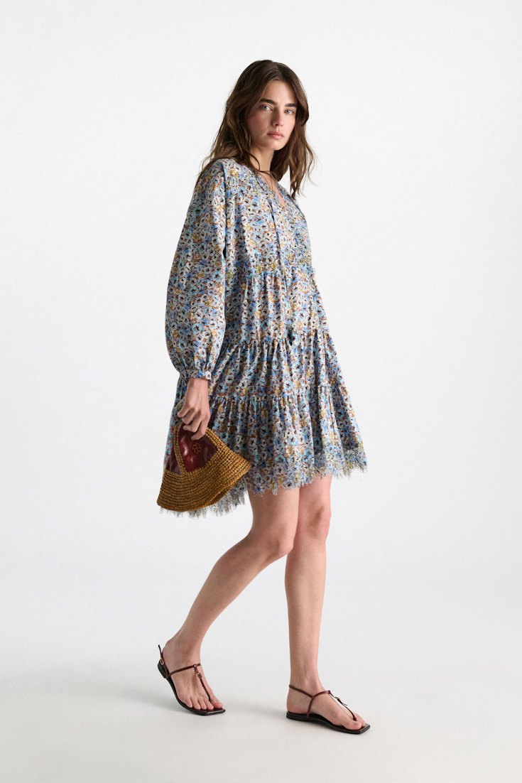 Dorothee Schumacher Kurzes voluminöses Kleid mit Spizendetails im Signature Print aus Baumwolle mini boho flower blue