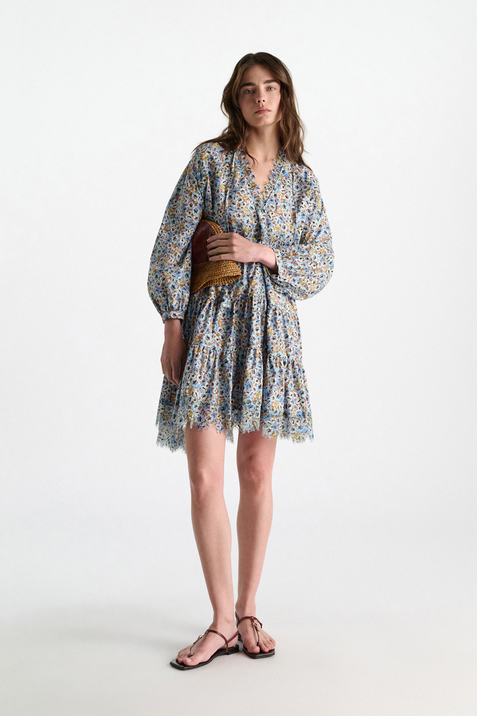 Dorothee Schumacher Kurzes voluminöses Kleid mit Spizendetails im Signature Print aus Baumwolle mini boho flower blue