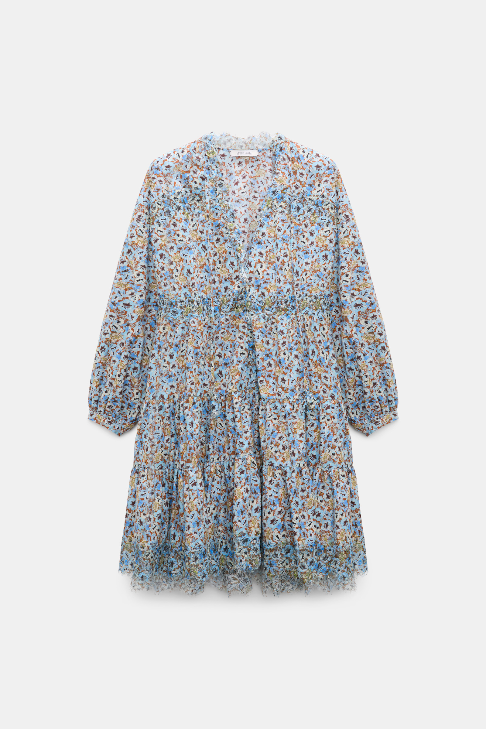 Dorothee Schumacher Kurzes voluminöses Kleid mit Spizendetails im Signature Print aus Baumwolle mini boho flower blue