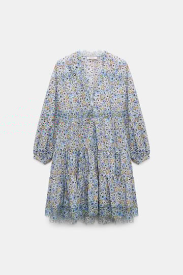 Dorothee Schumacher Kurzes voluminöses Kleid mit Spizendetails im Signature Print aus Baumwolle mini boho flower blue