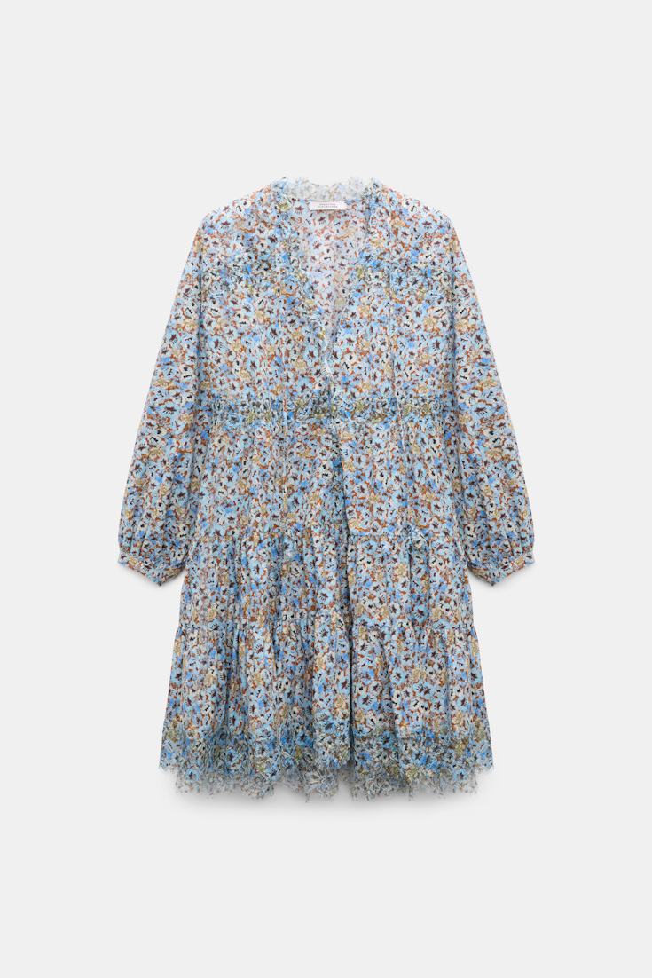 Dorothee Schumacher Kurzes voluminöses Kleid mit Spizendetails im Signature Print aus Baumwolle mini boho flower blue