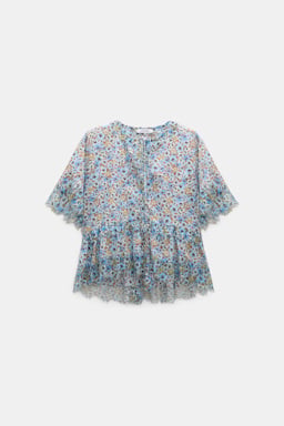 Dorothee Schumacher Boxy Top mit Spizendetails im Signature Print aus Baumwolle mini boho flower blue