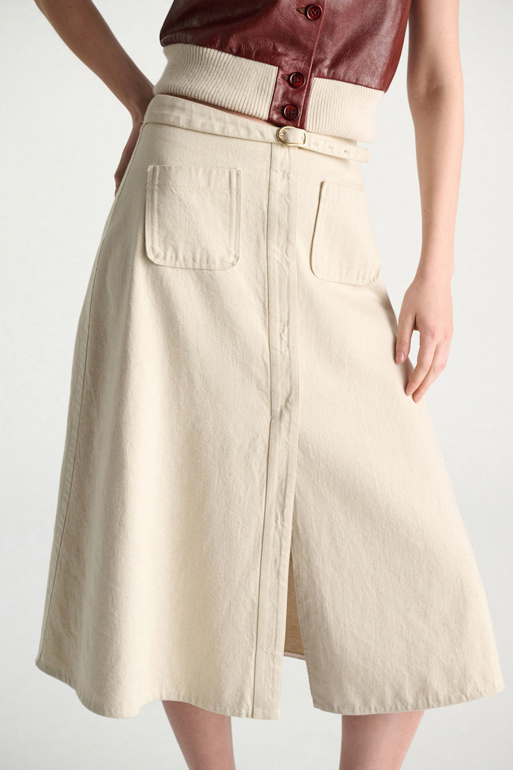 Dorothee Schumacher Flaired Rock mit Gürtel aus Baumwolle und Leinen champagner