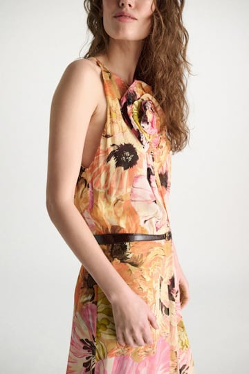 Dorothee Schumacher Midi-Kleid mit Blumenbrosche im Signature Print aus Viskose-Georgette boho flower print