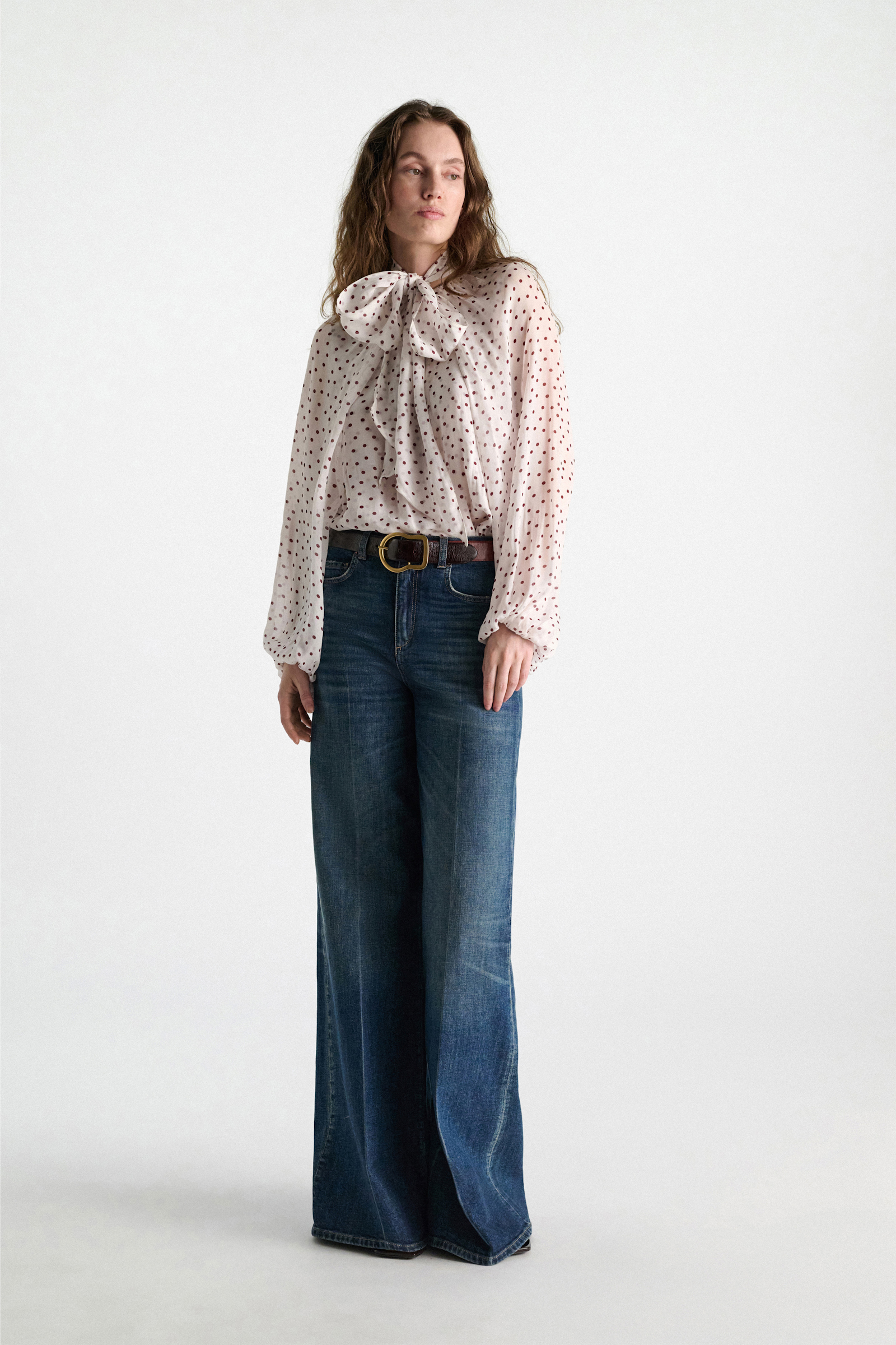 Dorothee Schumacher Polka dot crinkle viscose georgette blouse and scarf set small bordeaux dot