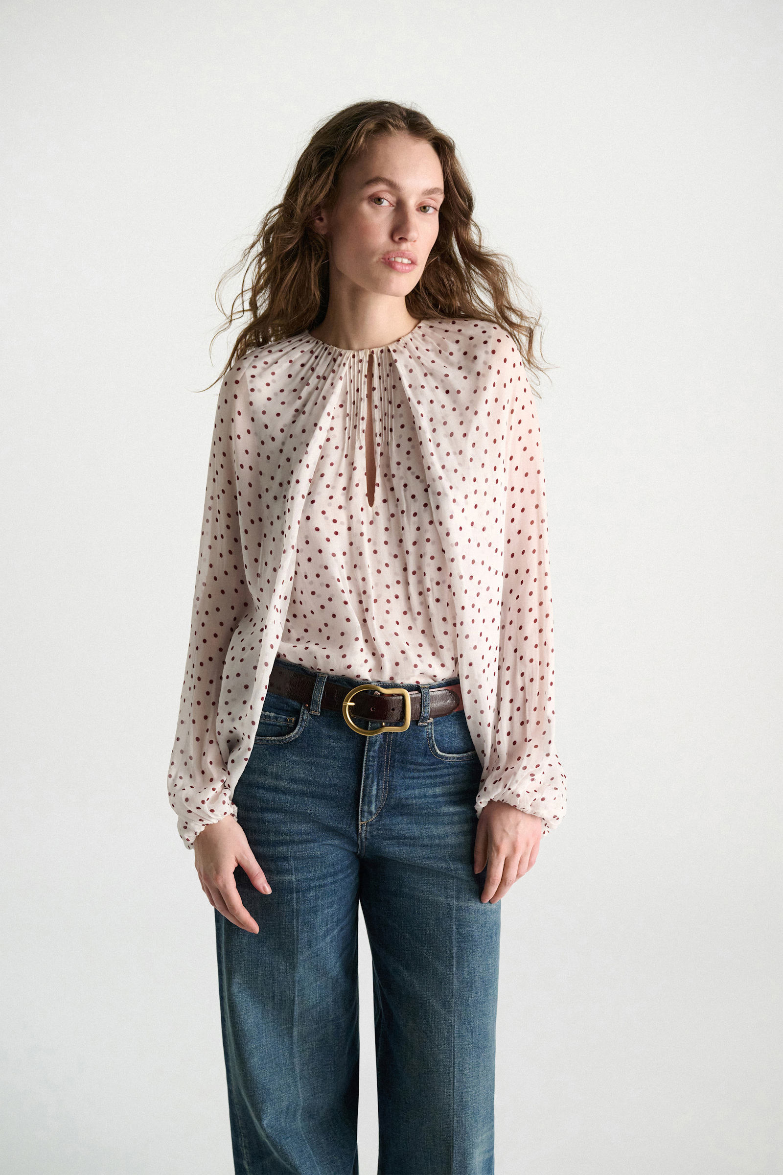 Dorothee Schumacher Polka dot crinkle viscose georgette blouse and scarf set small bordeaux dot