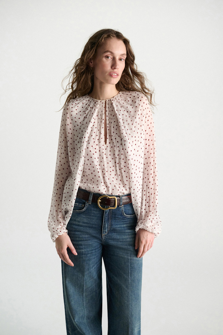 Dorothee Schumacher Polka dot crinkle viscose georgette blouse and scarf set small bordeaux dot