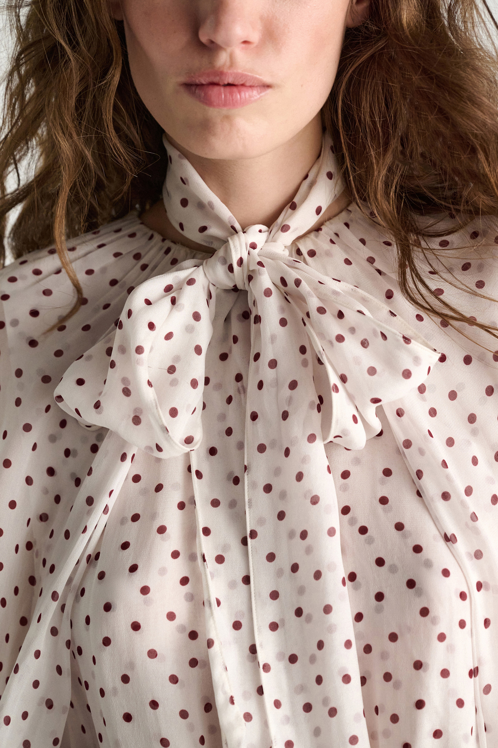 Dorothee Schumacher Polka dot crinkle viscose georgette blouse and scarf set small bordeaux dot