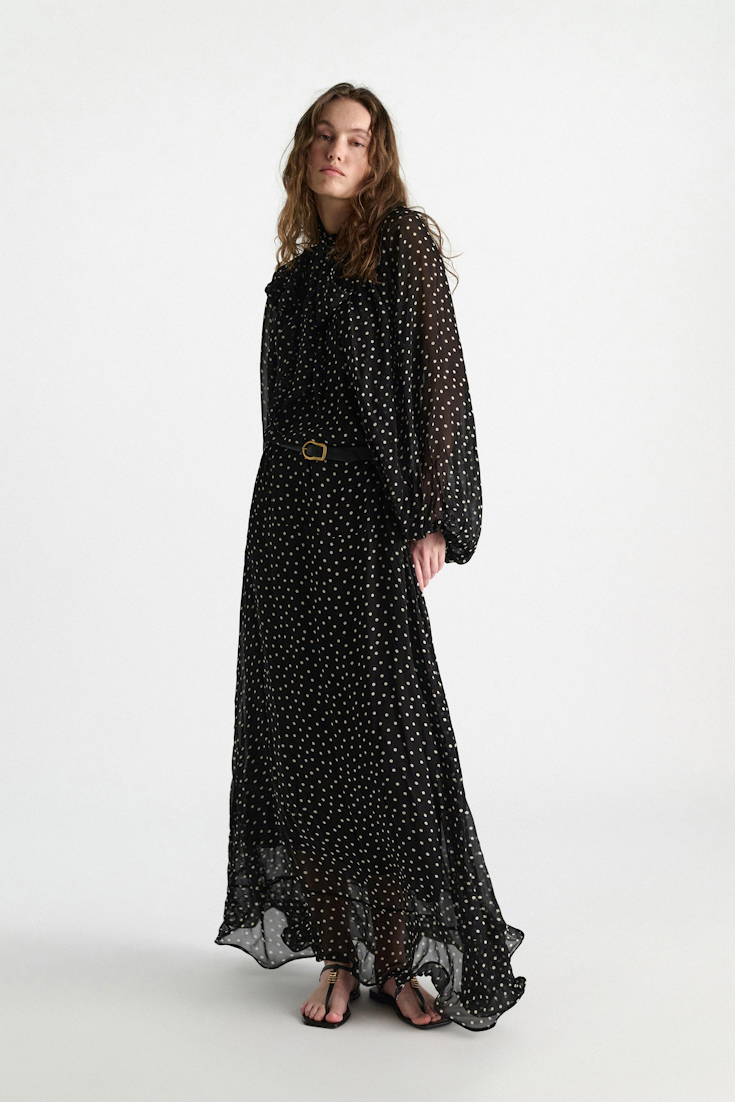 Dorothee Schumacher Dress and scarf set in polka dot viscose georgette white dot on blk