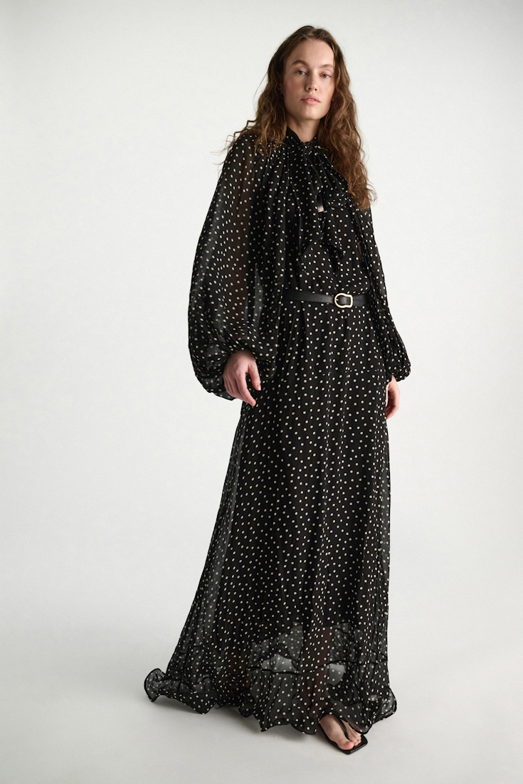 Dorothee Schumacher Dress and scarf set in polka dot viscose georgette white dot on blk