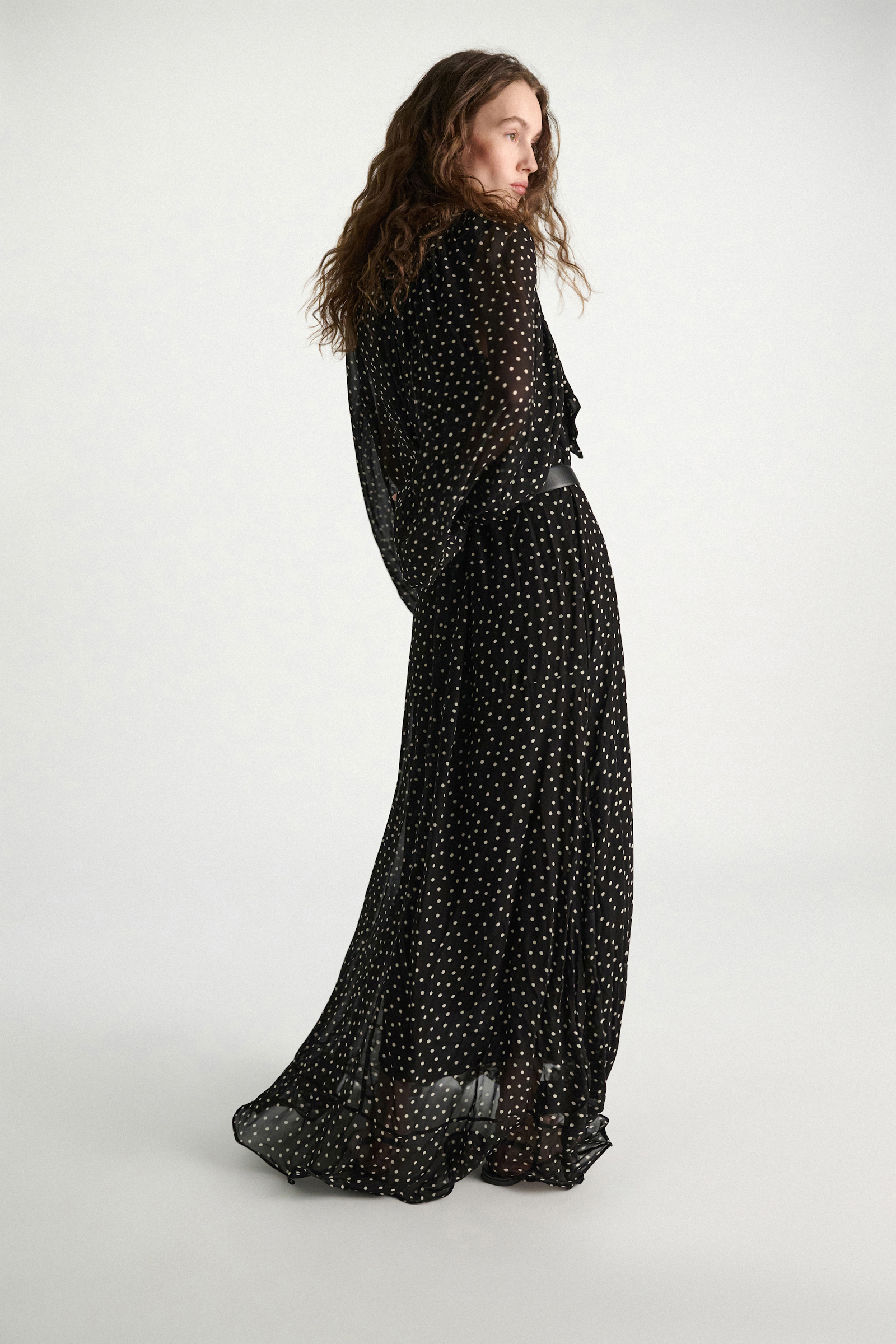 Dorothee Schumacher Dress and scarf set in polka dot viscose georgette white dot on blk