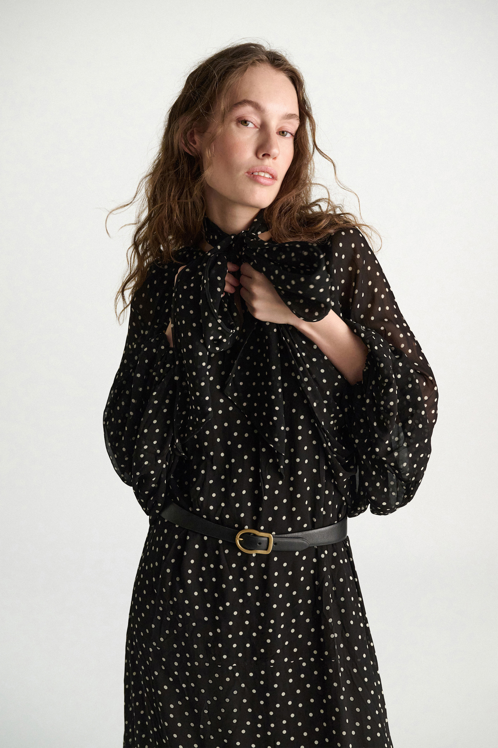 Dorothee Schumacher Dress and scarf set in polka dot viscose georgette white dot on blk