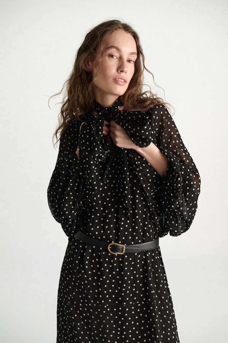 Dorothee Schumacher Dress and scarf set in polka dot viscose georgette white dot on blk