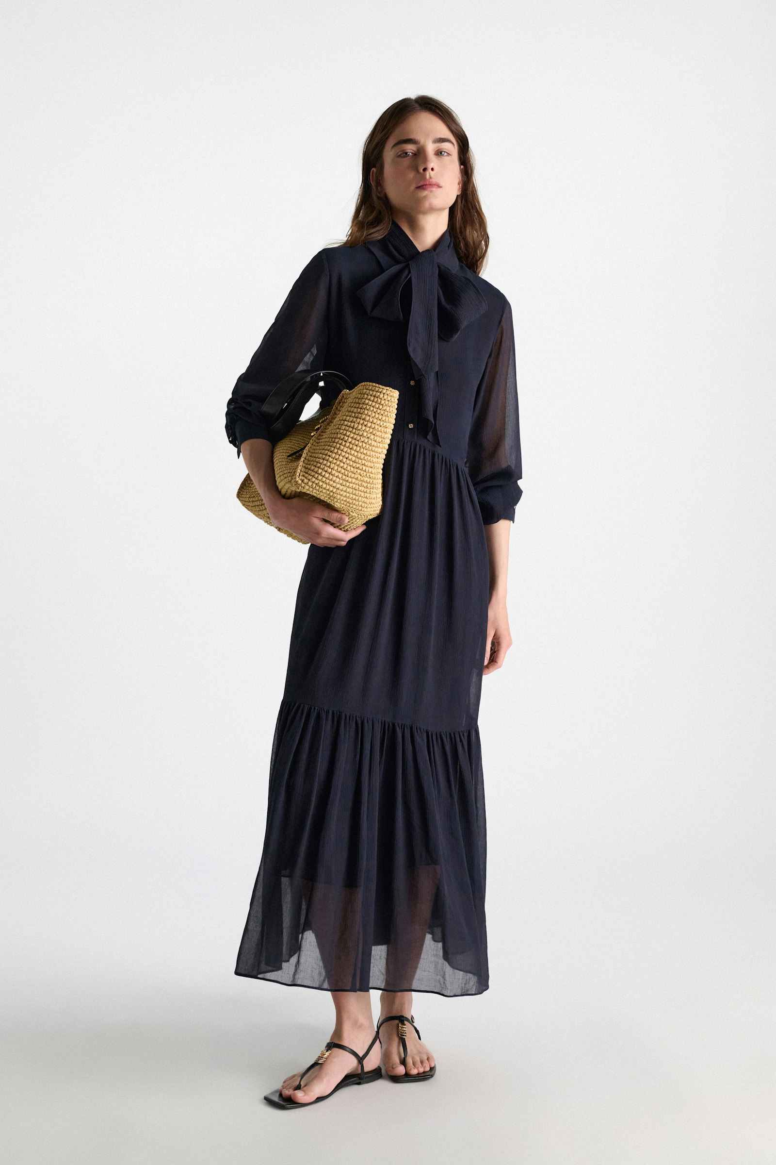 Dorothee Schumacher Long shirtdress and scarf set in cotton-silk crinkle georgette dark navy