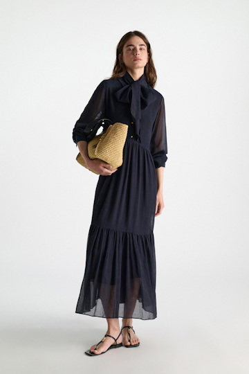 Dorothee Schumacher Long shirtdress and scarf set in cotton-silk crinkle georgette dark navy