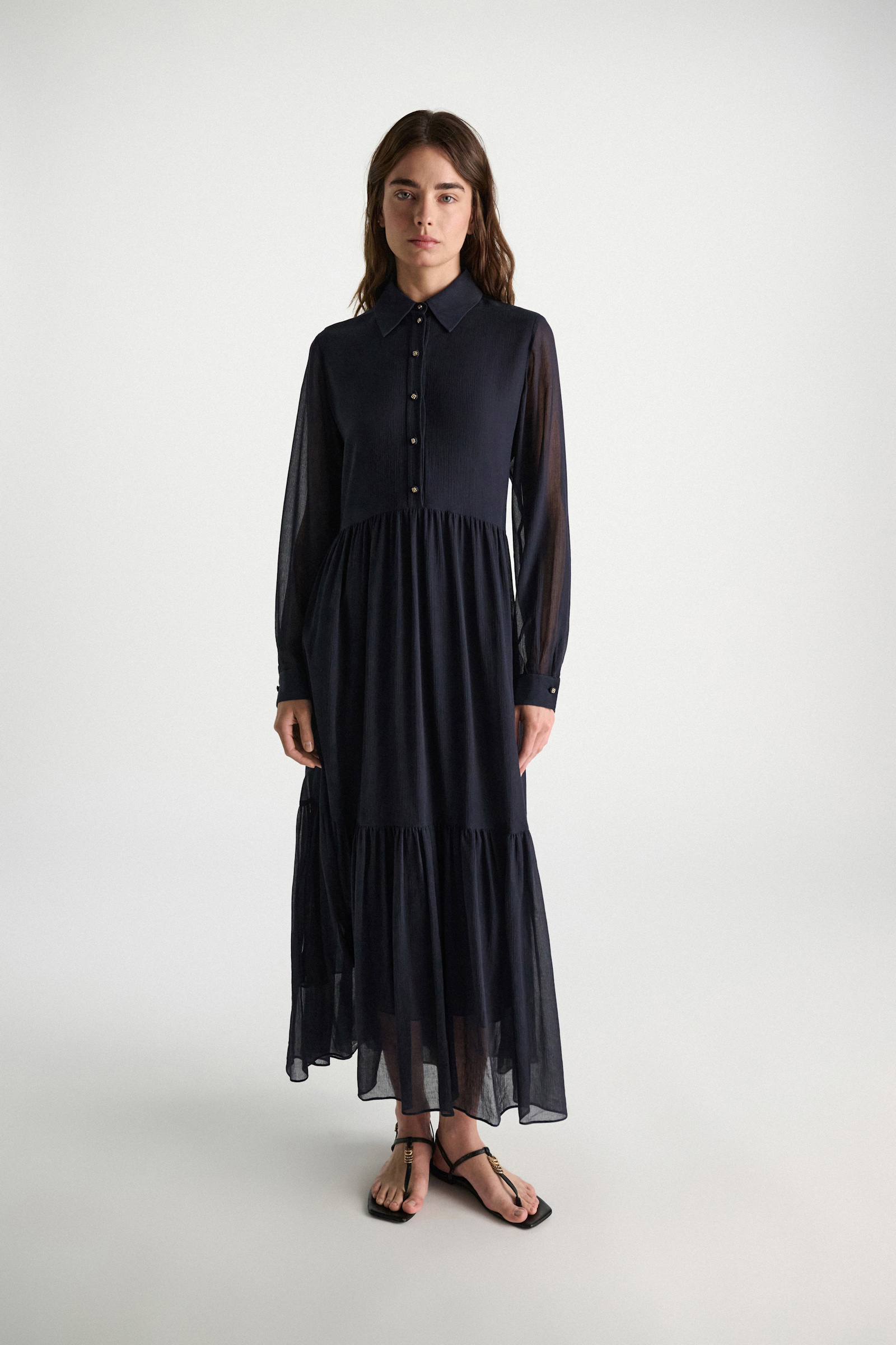 Dorothee Schumacher Long shirtdress and scarf set in cotton-silk crinkle georgette dark navy