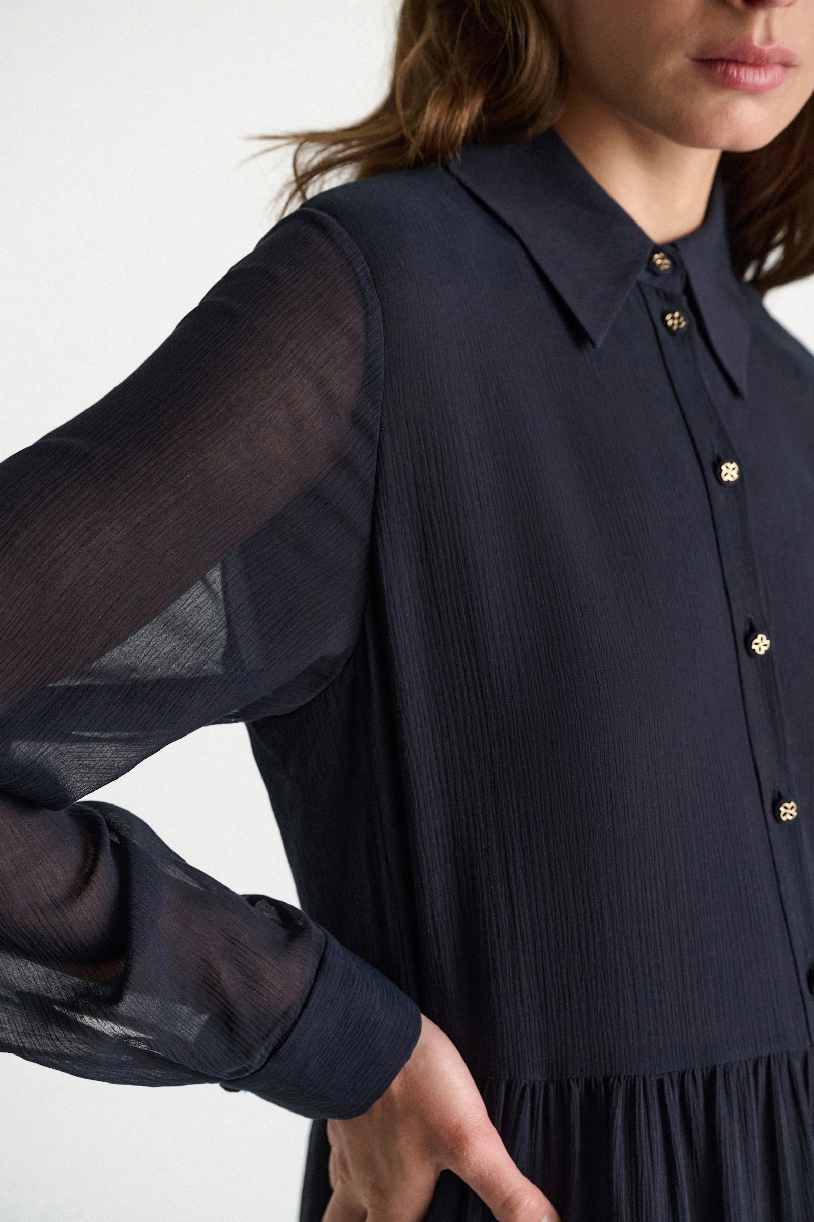 Dorothee Schumacher Long shirtdress and scarf set in cotton-silk crinkle georgette dark navy
