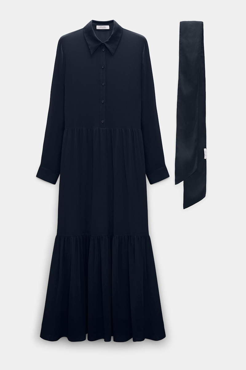 Long shirtdress and scarf set in cotton-silk crinkle georgette