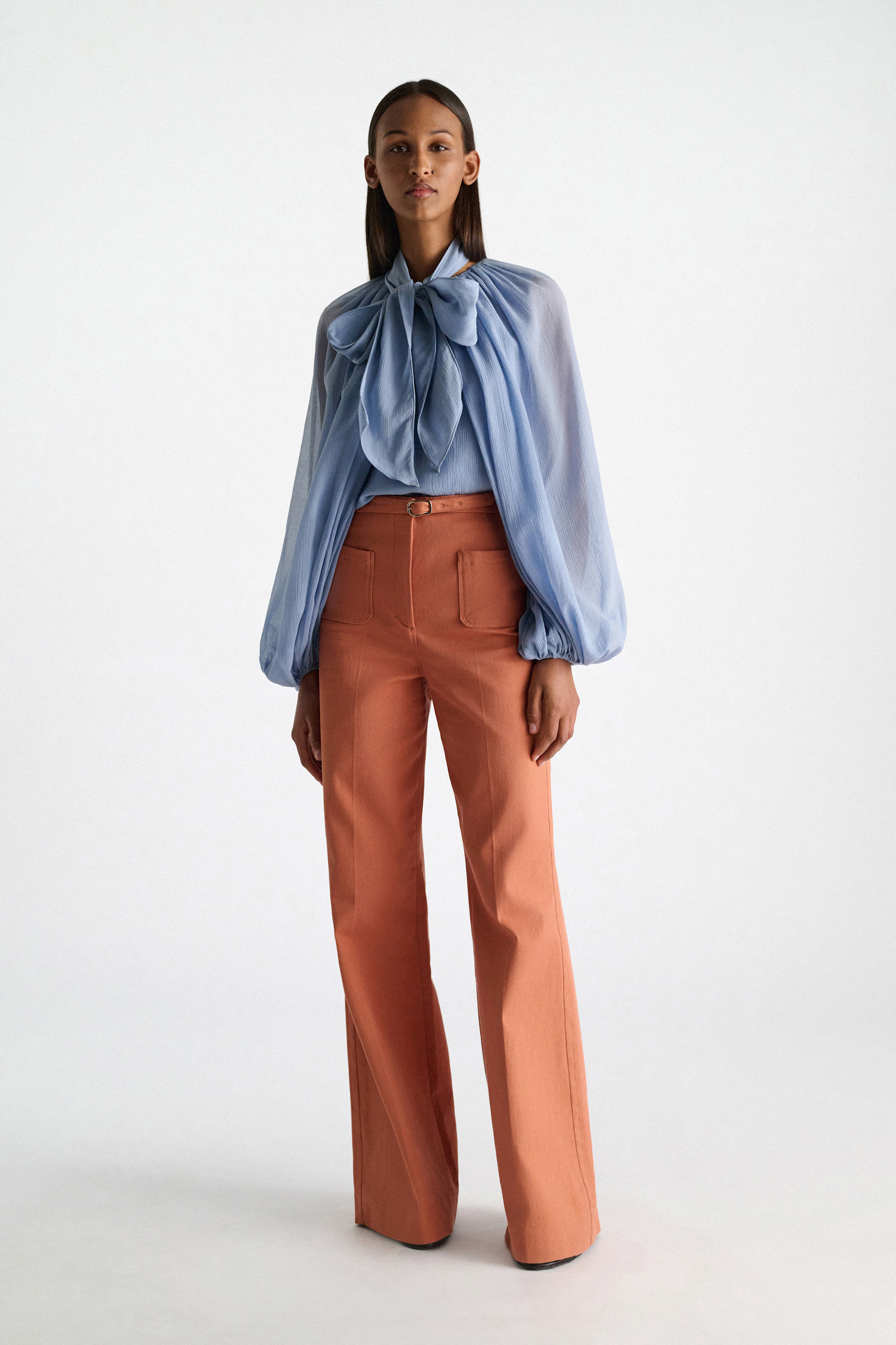 Dorothee Schumacher Blouse and scarf set in cotton-silk crinkle georgette mineral blue