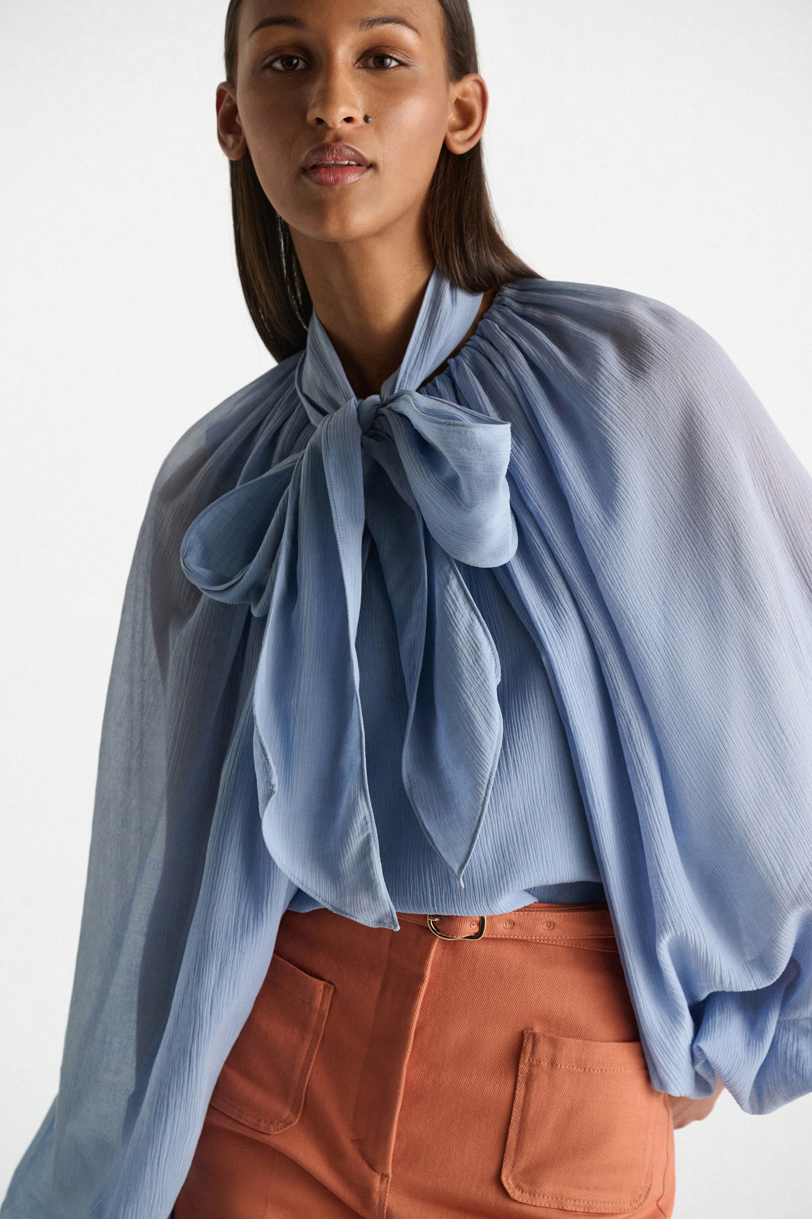 Dorothee Schumacher Blouse and scarf set in cotton-silk crinkle georgette mineral blue