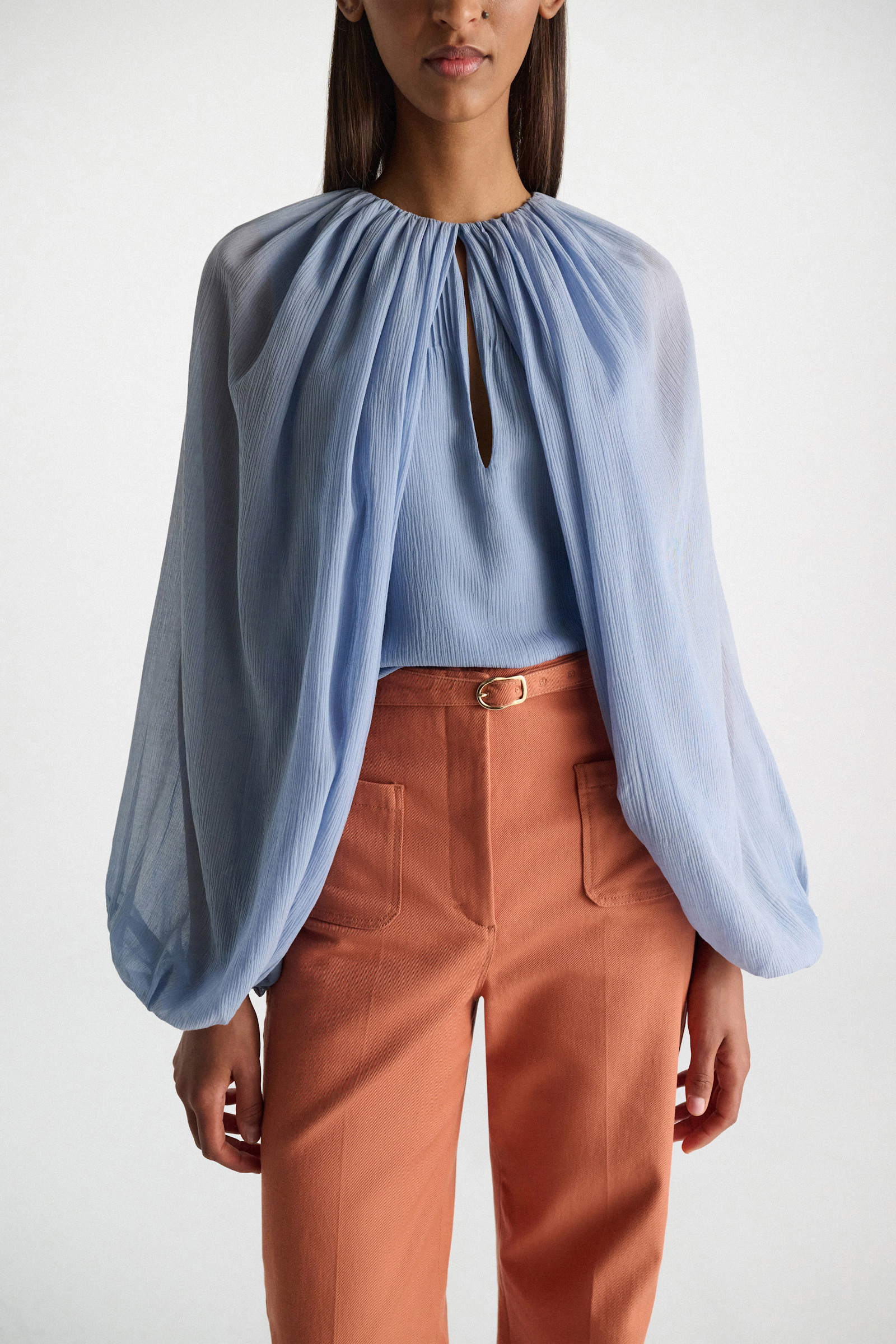 Dorothee Schumacher Blouse and scarf set in cotton-silk crinkle georgette mineral blue