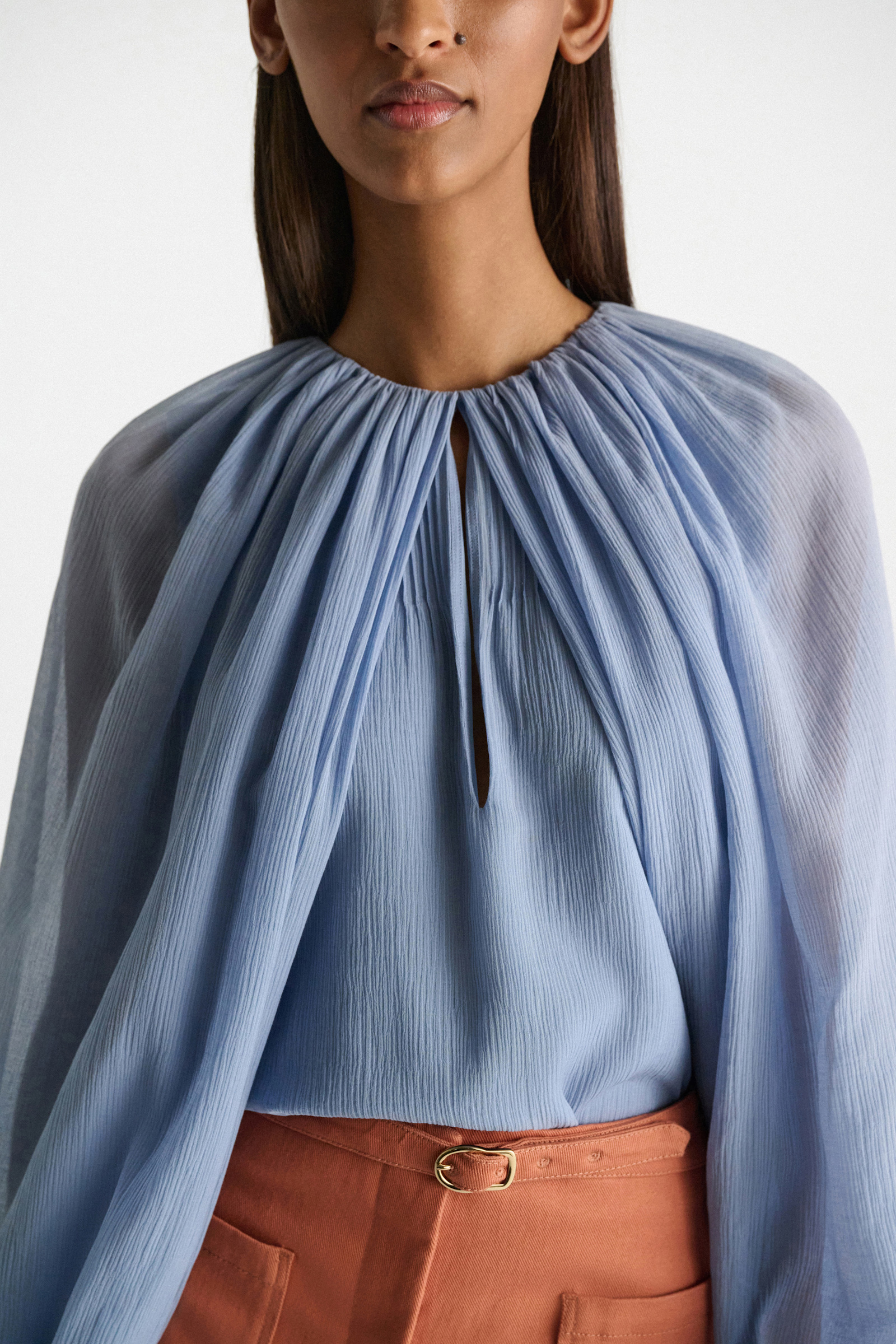 Dorothee Schumacher Blouse and scarf set in cotton-silk crinkle georgette mineral blue