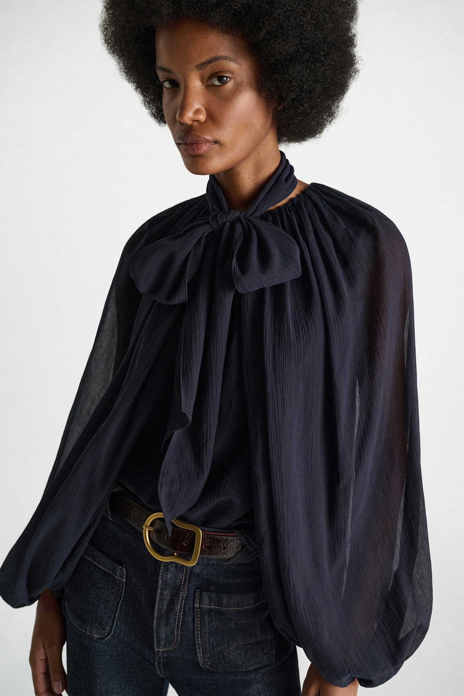 Dorothee Schumacher Blouse and scarf set in cotton-silk crinkle georgette dark navy