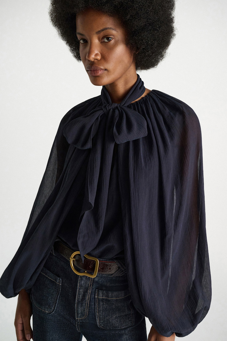 Dorothee Schumacher Blouse and scarf set in cotton-silk crinkle georgette dark navy