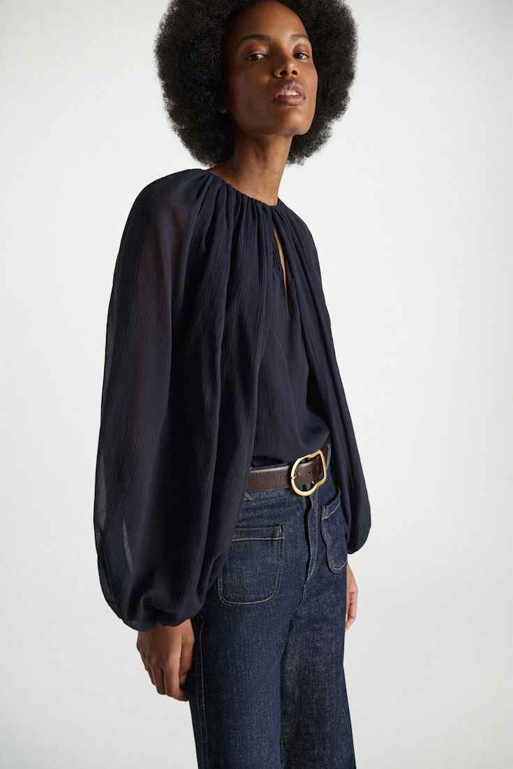Dorothee Schumacher Blouse and scarf set in cotton-silk crinkle georgette dark navy