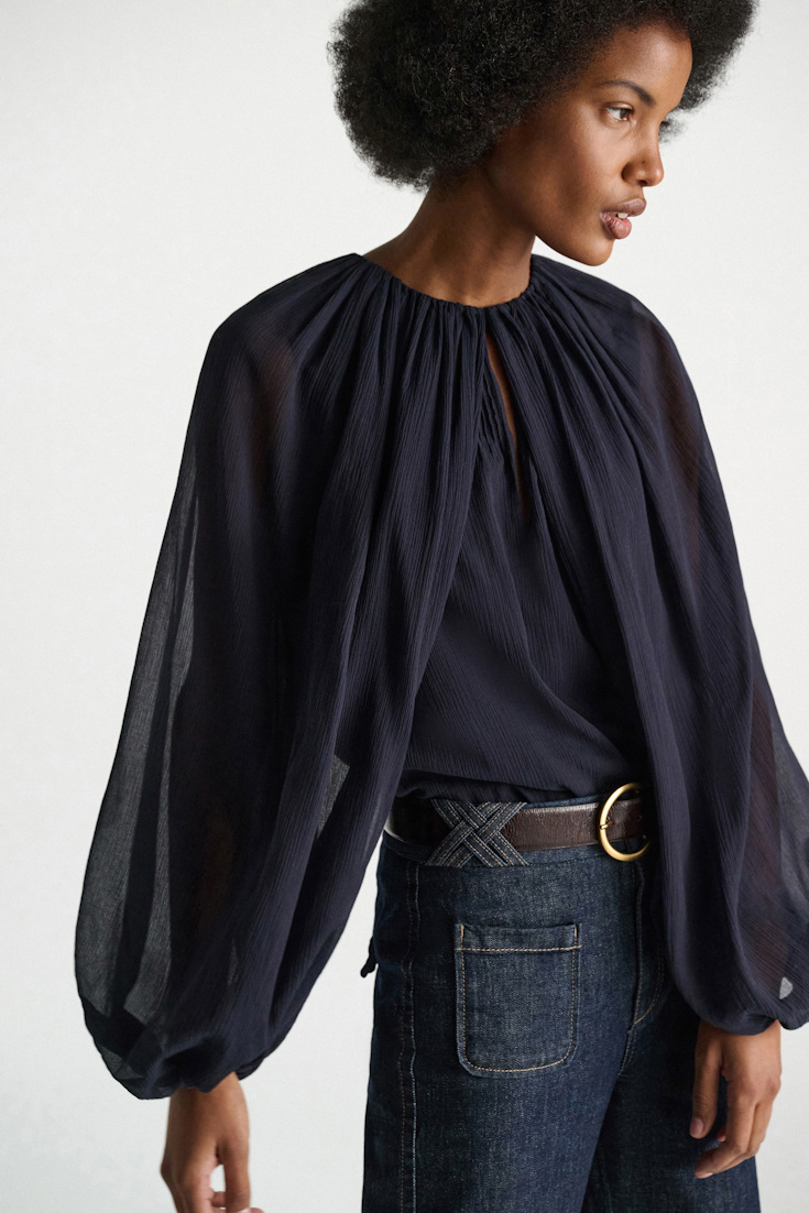 Dorothee Schumacher Blouse and scarf set in cotton-silk crinkle georgette dark navy