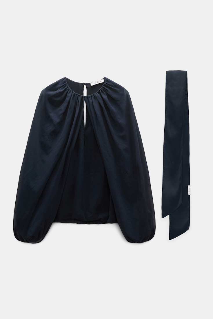Dorothee Schumacher Blouse and scarf set in cotton-silk crinkle georgette dark navy