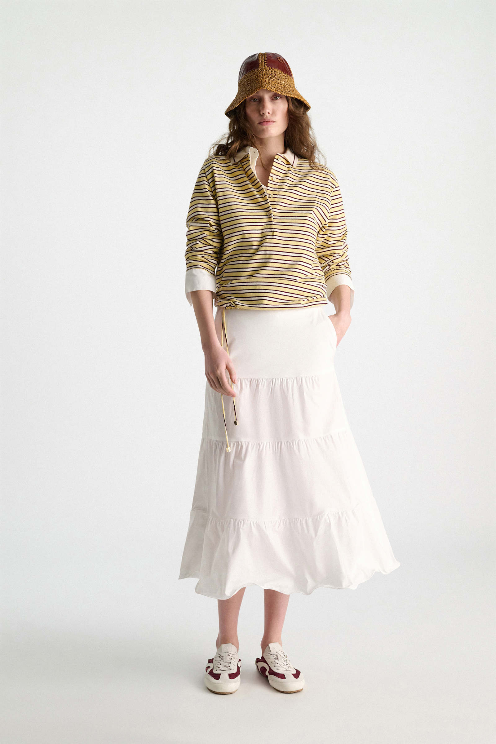 Dorothee Schumacher Crackle patent leather and crochet bucket hat patched raffia