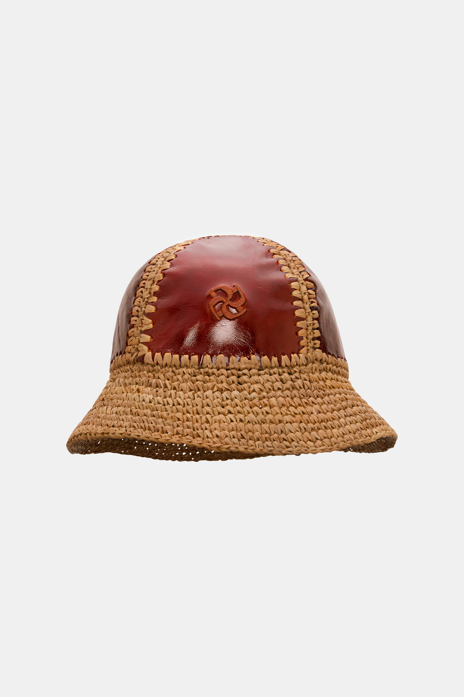 Dorothee Schumacher Crackle patent leather and crochet bucket hat patched raffia