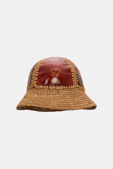 Dorothee Schumacher Crackle patent leather and crochet bucket hat patched raffia