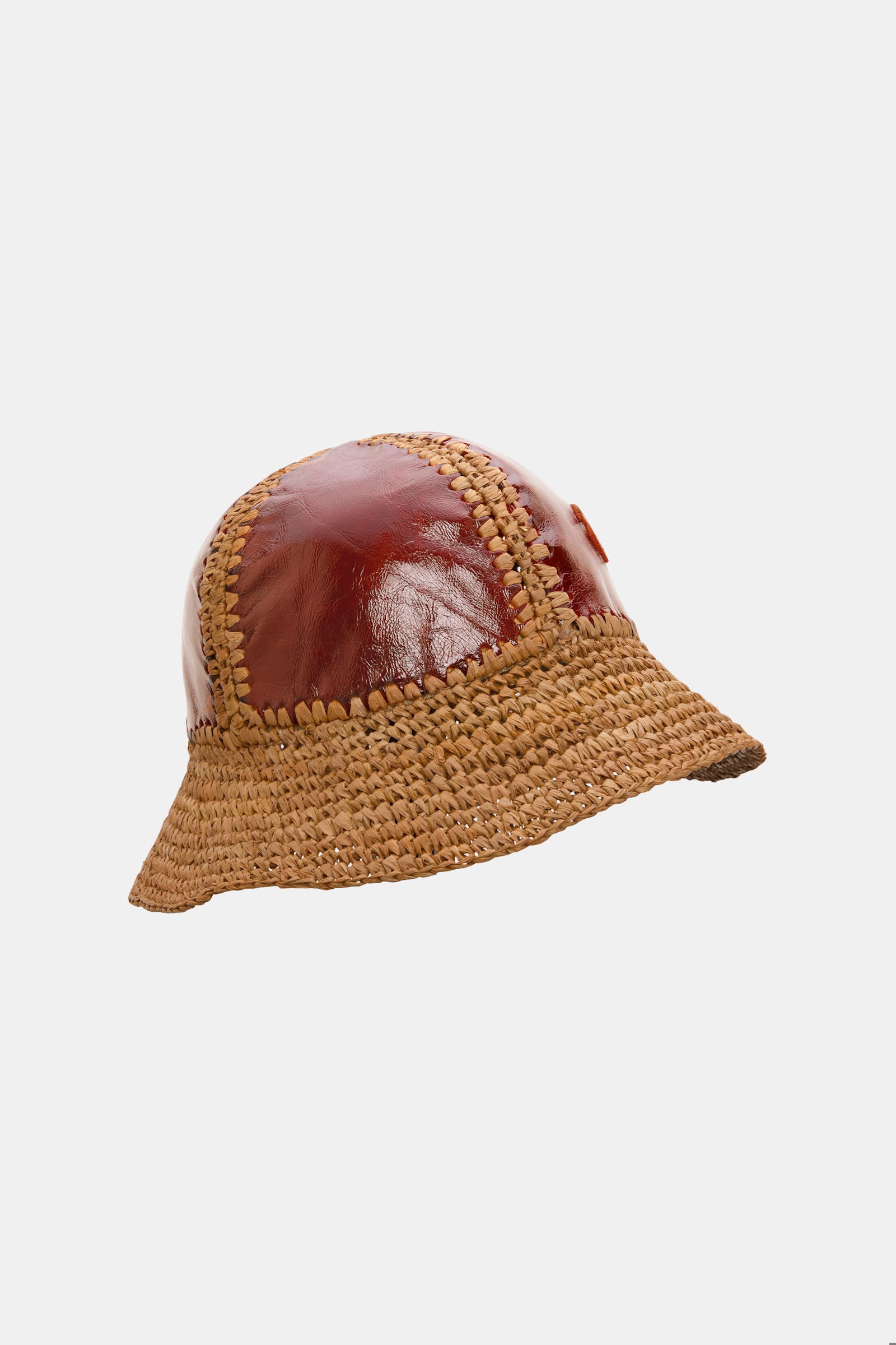 Dorothee Schumacher Crackle patent leather and crochet bucket hat patched raffia