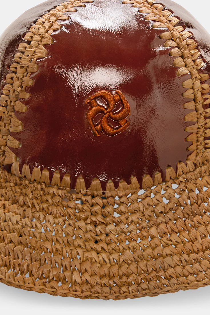 Dorothee Schumacher Crackle patent leather and crochet bucket hat patched raffia