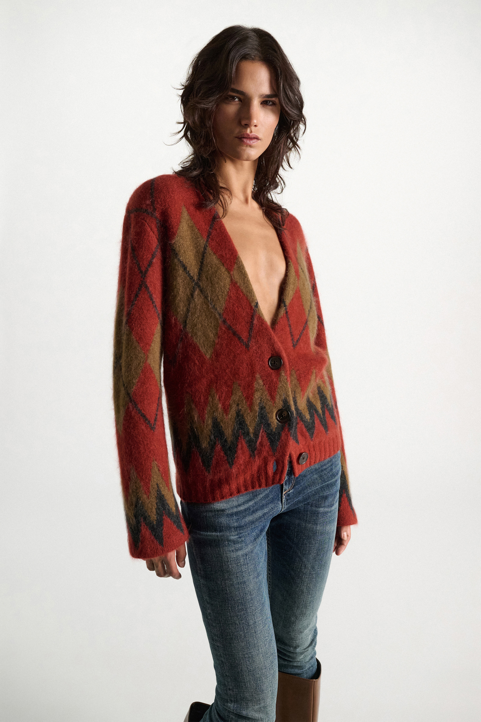 Dorothee Schumacher Merino-cashmere argyle V-neck cardigan argyle brick