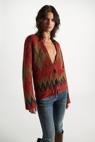Dorothee Schumacher Cardigan mit Argyle-Muster und V-Ausschnitt aus Merino und Kaschmir argyle brick