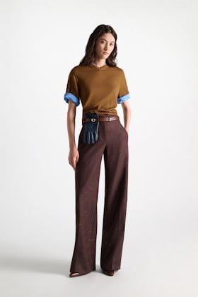 Dorothee Schumacher Extra fine Merino short sleeve layered top forest honey patch Model Front View