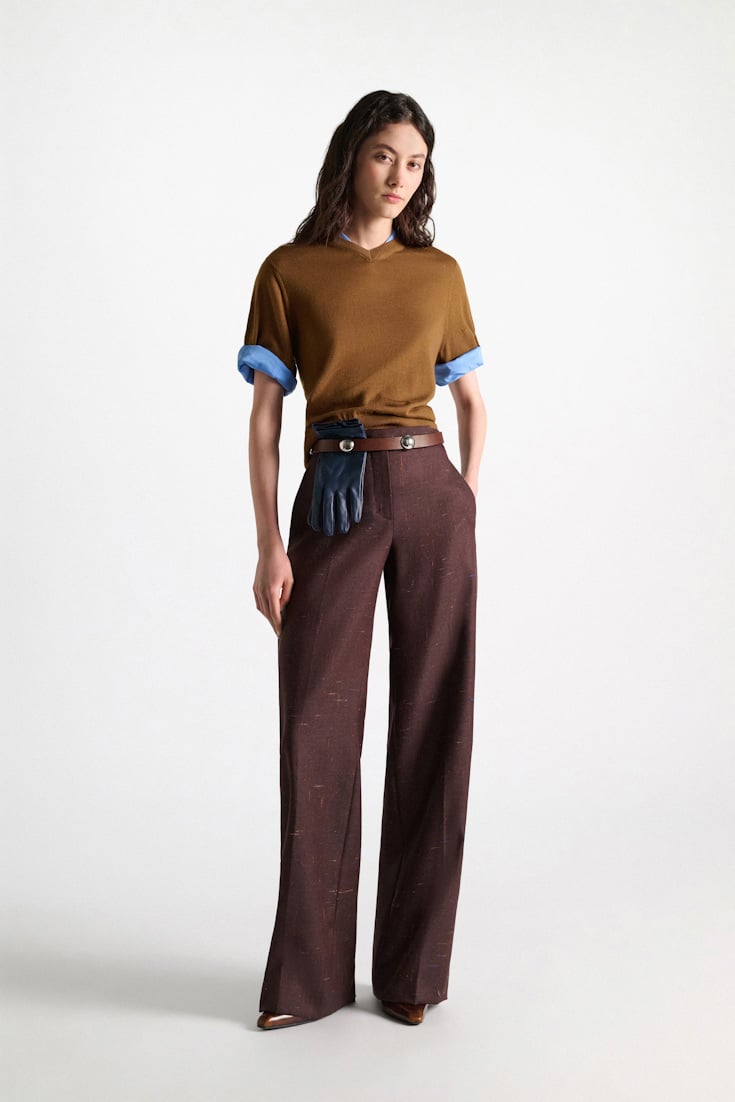 Dorothee Schumacher Extra fine Merino short sleeve layered top forest honey patch