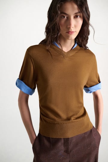 Dorothee Schumacher Extra fine Merino short sleeve layered top forest honey patch