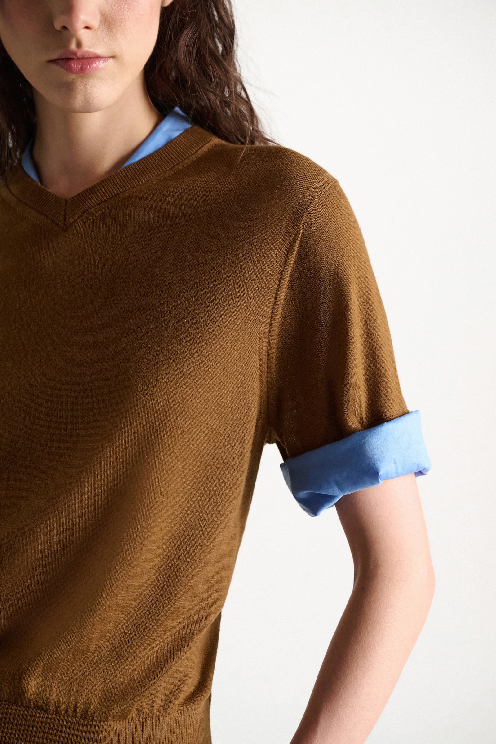 Dorothee Schumacher Extra fine Merino short sleeve layered top forest honey patch