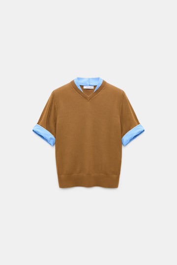 Dorothee Schumacher Extra fine Merino short sleeve layered top forest honey patch