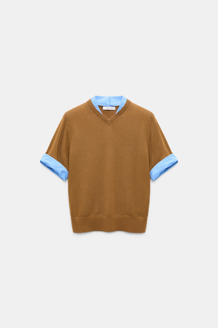 Dorothee Schumacher Extra fine Merino short sleeve layered top forest honey patch