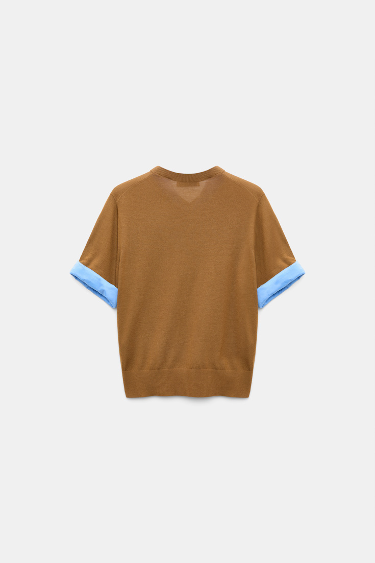 Dorothee Schumacher Extra fine Merino short sleeve layered top forest honey patch