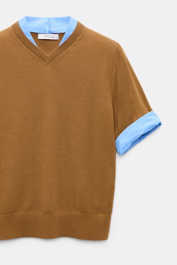 Dorothee Schumacher Extra fine Merino short sleeve layered top forest honey patch