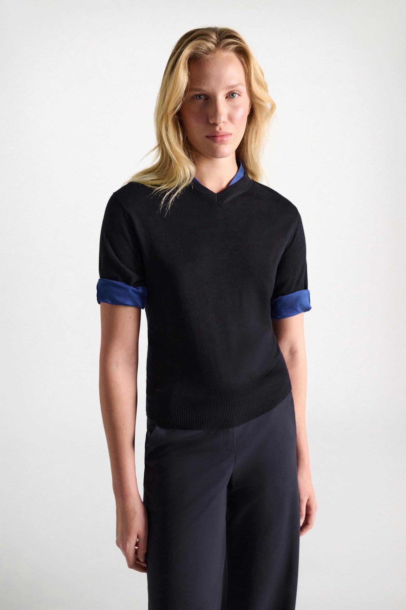 Dorothee Schumacher Extra fine Merino short sleeve layered top ink and midnight